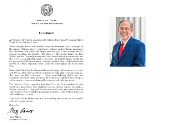 Image for article Texas Governor Congratulates Shen Yun as 2026 Tour Begins