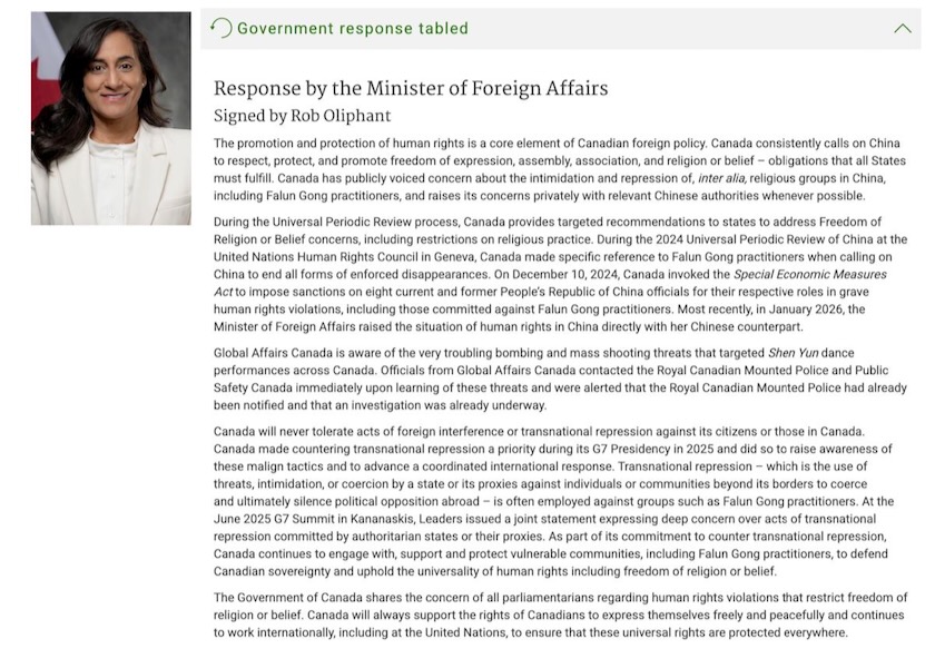 Image for article Canadian Minister of Foreign Affairs Is Aware of Threats Targeting Shen Yun and Will Not Tolerate Transnational Repression